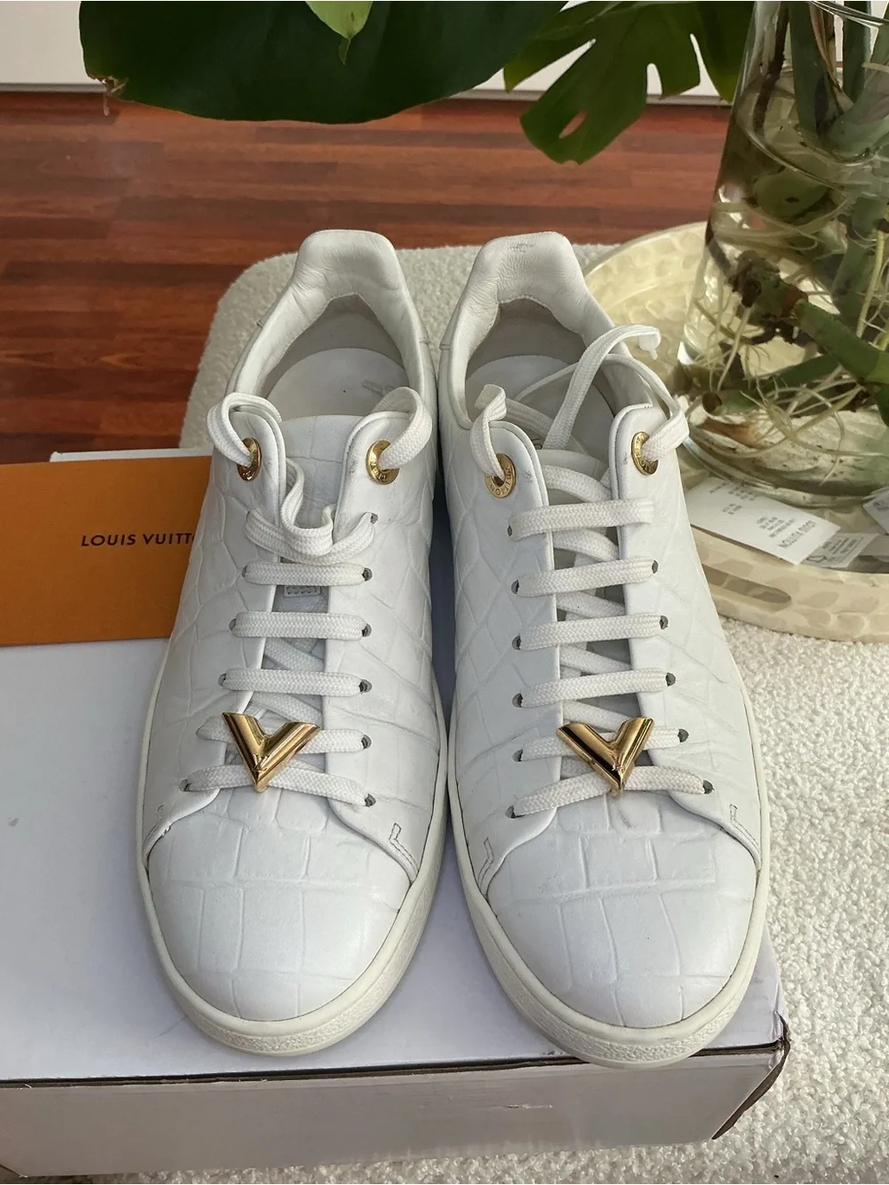 Louis Vuitton White Croc-Embossed Sneakers with Gold V Accents